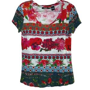 Desigual Women's Multicolored Floral Patchwork Short Sleeve T-Shirt Art to wear